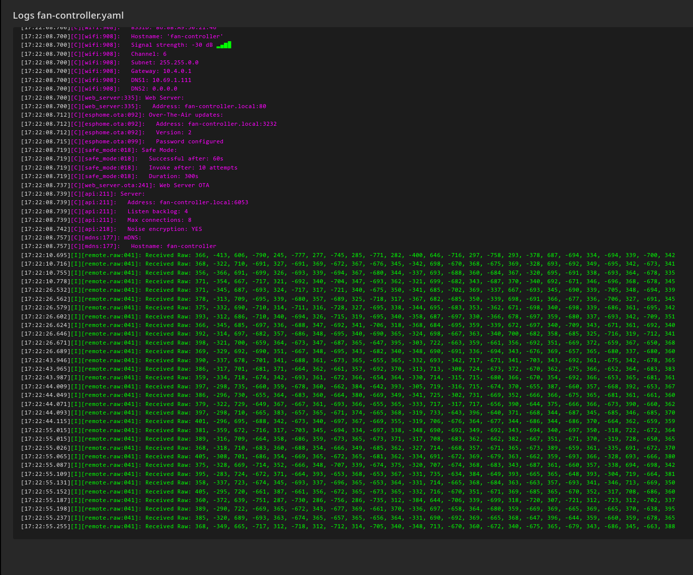 A screenshot of the esp32 logs showing captured data